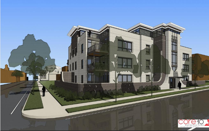 A rendering depicts the new condominium development at the southeast corner of Clay and Madison in Kirkwood.CORE10 ARCHITECTURE